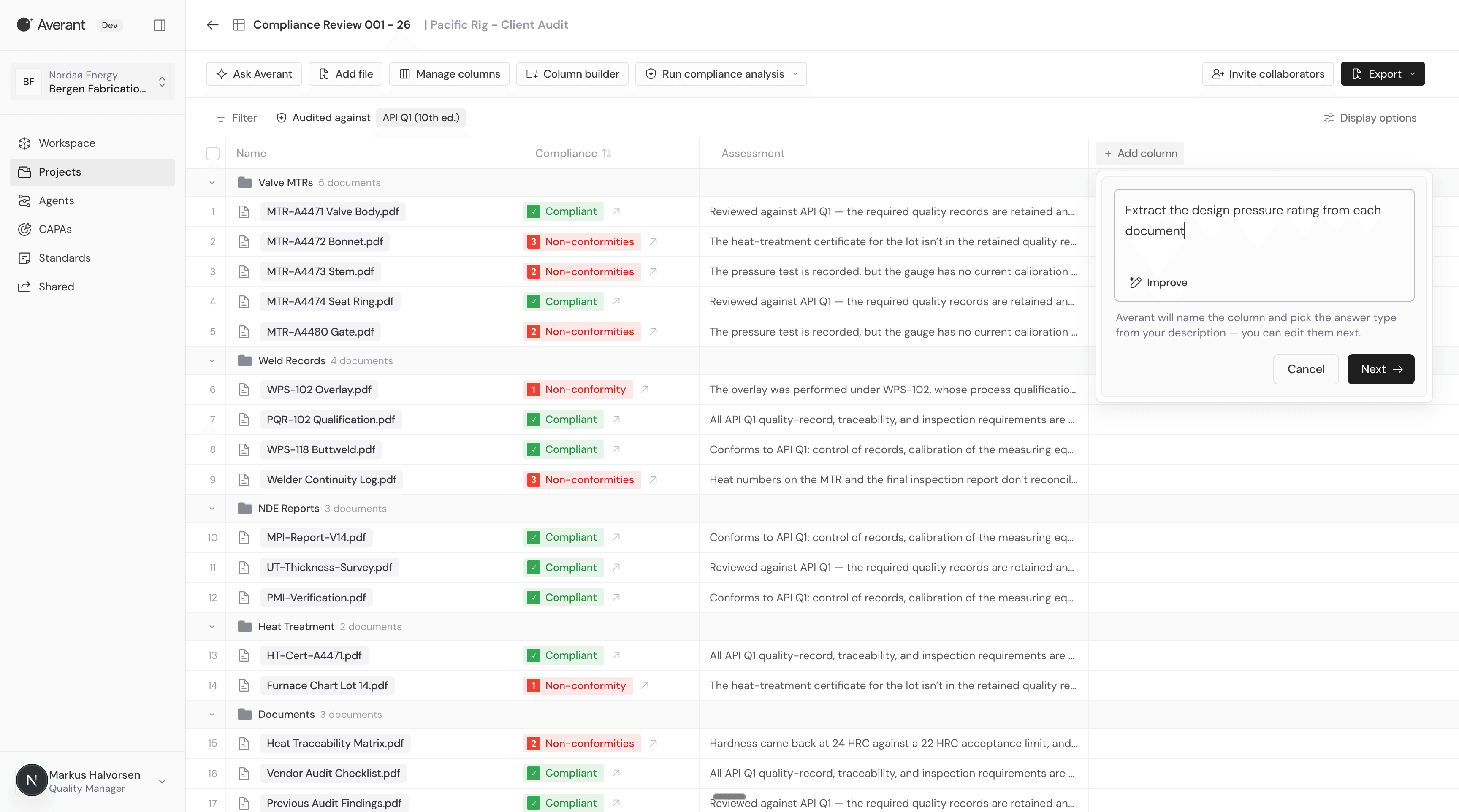 Averant compliance review workspace showing documents audited against API Q1 with pass/fail findings